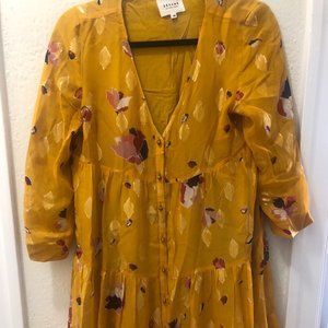 Sezane Silk Yellow Dress with Gold Floral Pattern